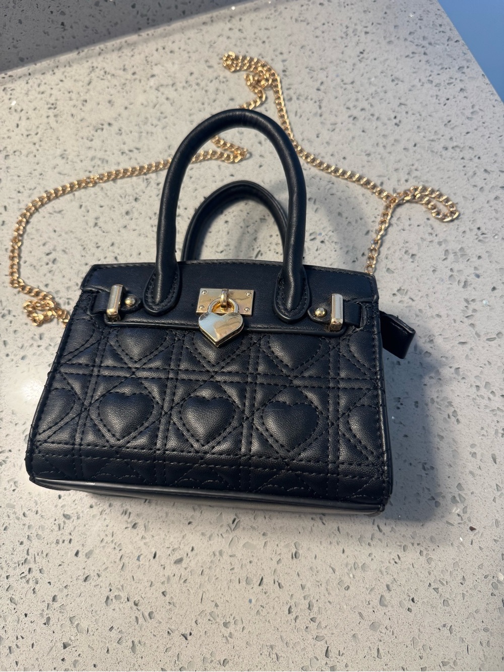 Black Quilted Heart Mini Satchel with Gold Chain